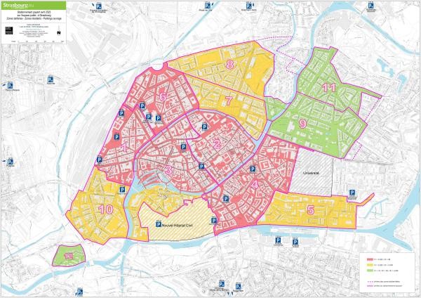 eine Karte der Straßburger Innenstadt, auf welcher die drei Parkzonen rot, gelb und grün markiert sind.                                                 